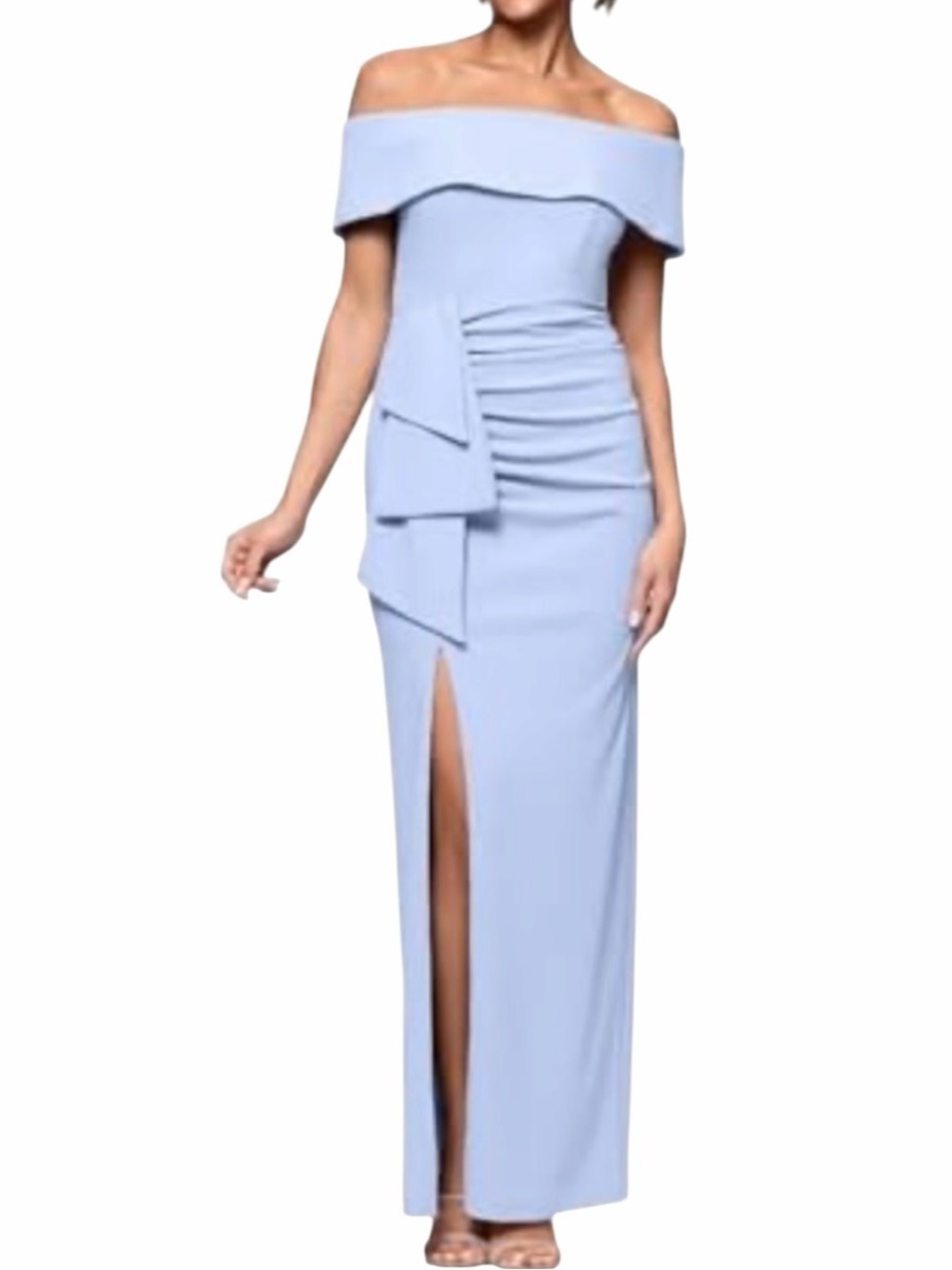 Xscape Periwinkle Blue Off Shoulder Ruched Ruffle Formal Gown Size 10 NWT
